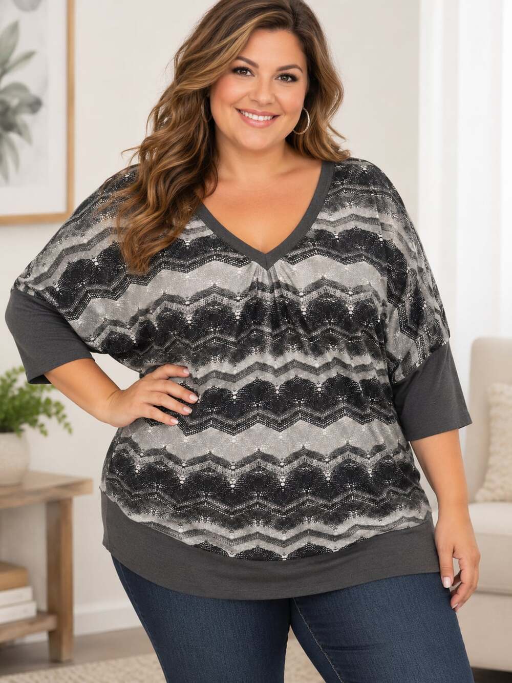 Lipgloss Top Size 3X Black Gray Chevron Pattern V-Neck Tunic Blouse